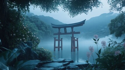 Poster - A serene landscape featuring a torii gate emerging from misty waters, surrounded by lush vegetation.