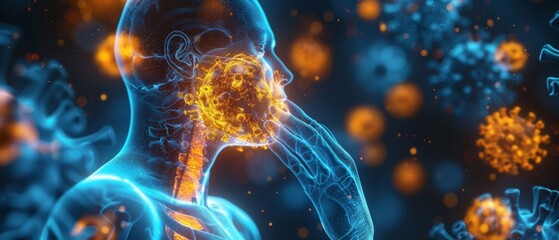 Wall Mural - 3D rendering of a mannequin with blue and orange head/neck, showcasing anatomical features and coronavirus particles. Implies scientific/medical context. No visible actions.