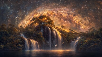Wall Mural - a cosmic landscape featuring waterfalls under a starry sky, blending nature and the universe.