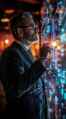 Wall Mural - A man in a suit with glasses interacts with a high-tech server displaying graphs. The futuristic city scene adds to the cyberpunk vibe.