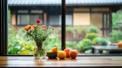 Sticker - A serene indoor scene featuring flowers and fruits with a garden view.