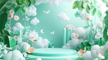 Poster - A serene, pastel-colored stage surrounded by clouds, plants, and butterflies for creative displays.