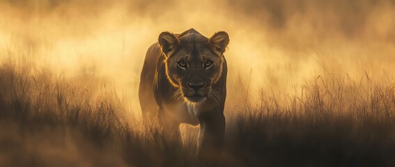 Poster - A lioness walks through tall grass in a misty landscape at dawn.