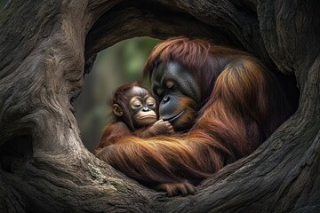 Wall Mural - A tender moment between an orangutan mother and her baby in a natural setting.