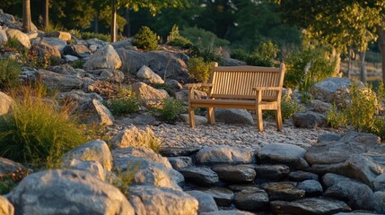 Sticker - A serene outdoor scene featuring a wooden bench surrounded by rocks and greenery.