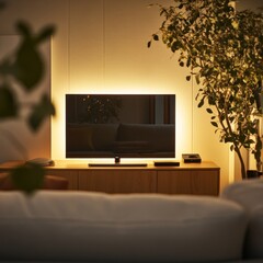 Poster - A cozy living room with a TV and ambient lighting.