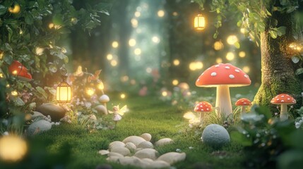 Sticker - A whimsical forest scene with glowing lanterns, mushrooms, and a magical atmosphere.