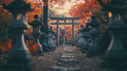 Poster - A serene path lined with lanterns and vibrant autumn foliage leading to a torii gate.