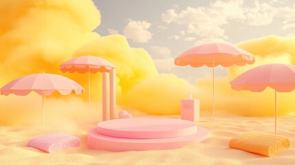 Canvas Print - A whimsical pastel scene featuring umbrellas and platforms in a dreamy, cloud-filled landscape.