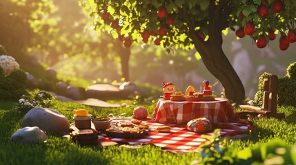 Sticker - A picturesque picnic scene under a tree, featuring a checkered blanket and various foods.