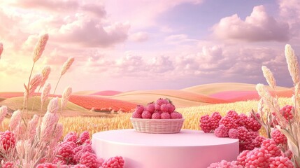 Canvas Print - A serene landscape featuring a basket of raspberries amidst pink-hued fields and clouds.