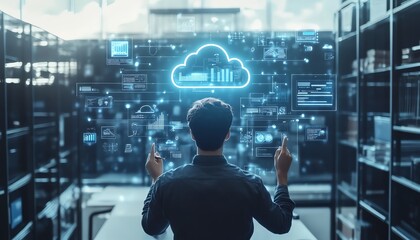 Aufkleber - A professional businessman showcasing cloud computing infographics and technology icons in a stockgenerated concept of tech innovation