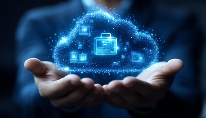 Fototapete - A professional businessman showcasing cloud computing infographics and technology icons in a stockgenerated concept of tech innovation