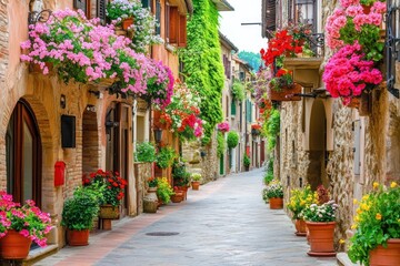 Canvas Print - A picturesque street adorned with vibrant flowers in pots, creating a charming atmosphere.