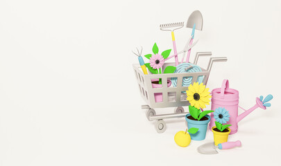 garden tools and flowers in pots in a shopping cart multicolored on a white isolated background,3d cartoon