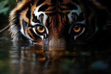 Wall Mural - A close-up of a tiger's face partially submerged in water, showcasing its intense gaze.