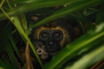 Wall Mural - A close-up of a mother monkey holding her baby amidst green foliage.