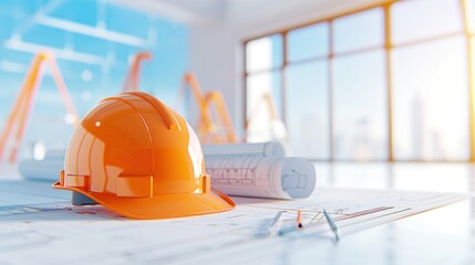 Orange construction helmet and blueprints on desk in sunlit office with city view.