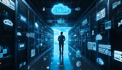 Poster - Dynamic stock image featuring a businessman with cloud computing graphics, highlighting various technology icons symbolizing transformation and progress