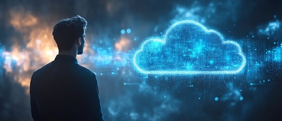 Poster - Dynamic stock image of a businessman with cloud computing visuals and technology symbols, highlighting the future of digital innovation and transformation