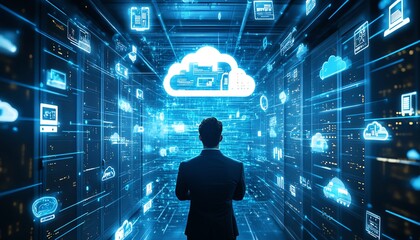 Fototapete - Dynamic stock image featuring a businessman with cloud computing graphics, highlighting various technology icons symbolizing transformation and progress