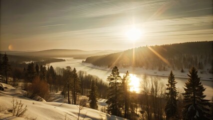 Canvas Print - A tranquil sunset over a forested landscape with mountains in the distance.