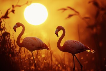 Wall Mural - Two flamingos silhouetted against a vibrant sunset, showcasing nature's beauty.