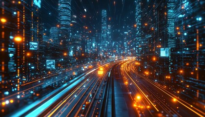 Fototapete - Futuristic depiction of an information highway with glowing streams of light, capturing the essence of technology and instantaneous communication