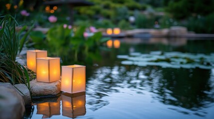 Poster - Serene lanterns illuminate a tranquil pond surrounded by lush greenery.