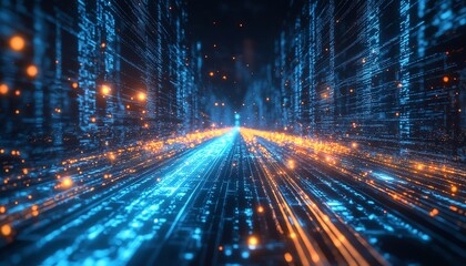 Fototapete - Futuristic depiction of an information highway with glowing streams of light, capturing the essence of technology and instantaneous communication