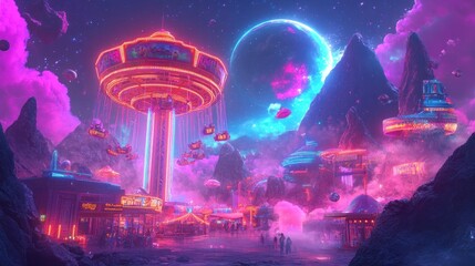 Poster - A vibrant, futuristic landscape with neon lights, mountains, and a cosmic backdrop.