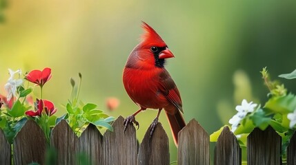 Sticker - A vibrant red cardinal perched on a wooden fence surrounded by colorful flowers.