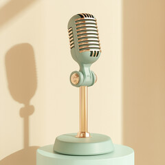 A single handheld microphone, set on a sleek stand, highlight on the podium on the stage 
