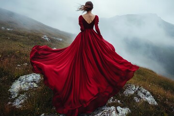 A woman in a flowing red dress stands on a misty mountain landscape, captured during a serene moment in nature. Generative AI