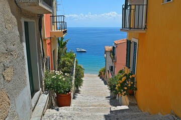 Wall Mural - A picturesque view of colorful houses leading down to a serene beach and blue ocean.