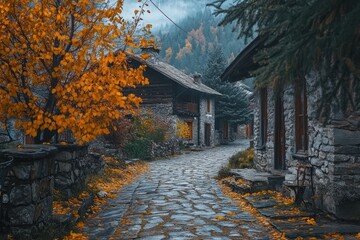 Sticker - A serene cobblestone path lined with autumn trees and rustic stone houses.