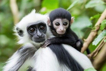 Poster - A close-up of a white-haired monkey with a baby, set against a lush green background.