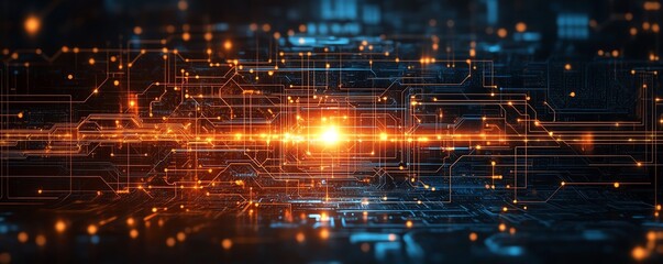 Fototapete - Visual representation of innovation in cyber technology, including circuit boards, data flow graphics, and modern tech interfaces in a stock image