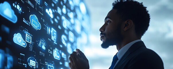 Aufkleber - A businessman showcasing cloud computing infographics along with technology icons, representing a stockgenerated theme of innovation and change