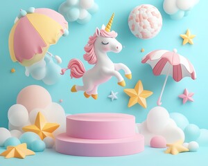 A whimsical 3D render with a unicorn, beach ball, umbrella, and hat in a playful summer theme, falling around a pastel display podium stand in midmotion