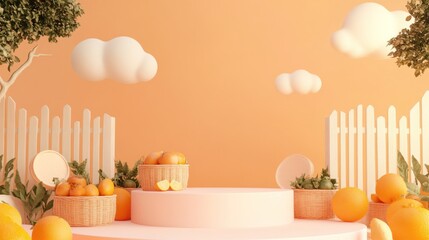 Wall Mural - A vibrant, stylized display featuring oranges and greenery against a warm background.