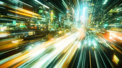 Canvas Print - A dynamic cityscape with light trails, conveying speed and urban energy.