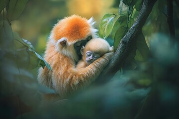 Wall Mural - A nurturing moment between a mother monkey and her baby in a lush environment.