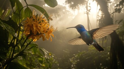 Poster - A hummingbird hovers near a vibrant yellow flower in a misty rainforest setting.