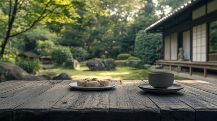 Poster - A serene outdoor setting featuring a plate of food and a cup, surrounded by lush greenery.