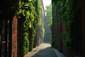 Poster - A serene, ivy-covered alleyway with cobblestones and soft morning light.