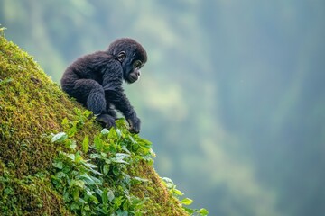 Canvas Print - A young gorilla sitting on a mossy hill, surrounded by lush greenery in a serene environment.