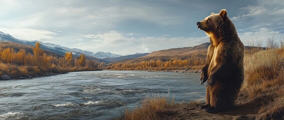 Poster - A bear stands by a river in a serene landscape with mountains and autumn foliage.