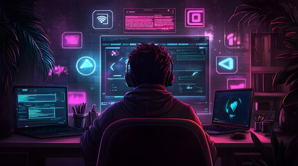 Programmierer in futuristischem Setup mit mehreren Bildschirmen