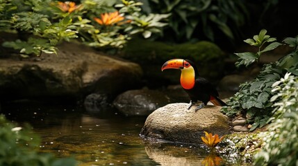 Sticker - A vibrant toucan perched on a rock beside a serene pond surrounded by lush greenery.